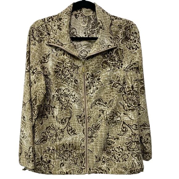 Zenergy by Chico's Full Zip Floral Jacket Long Sleeve Collared Brown Sz 2 Large - Picture 1 of 10